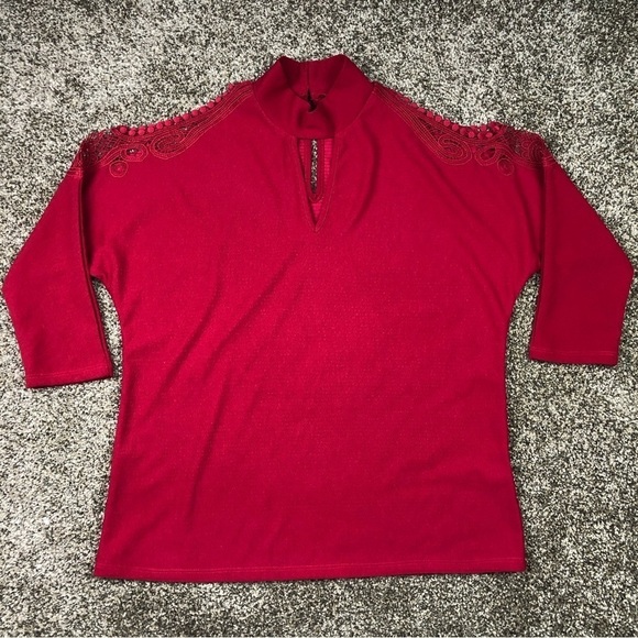 New York & Company Red Lacey Cold Shoulder Blouse Size Medium - Picture 1 of 5